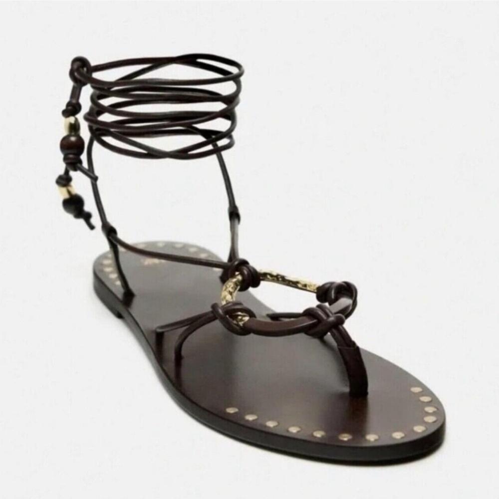 Zara SS24 Flat Strappy Brown Women's Sandals